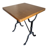 Superbe table carrée chêne massif années 60, piètement Bistrot en fonte
