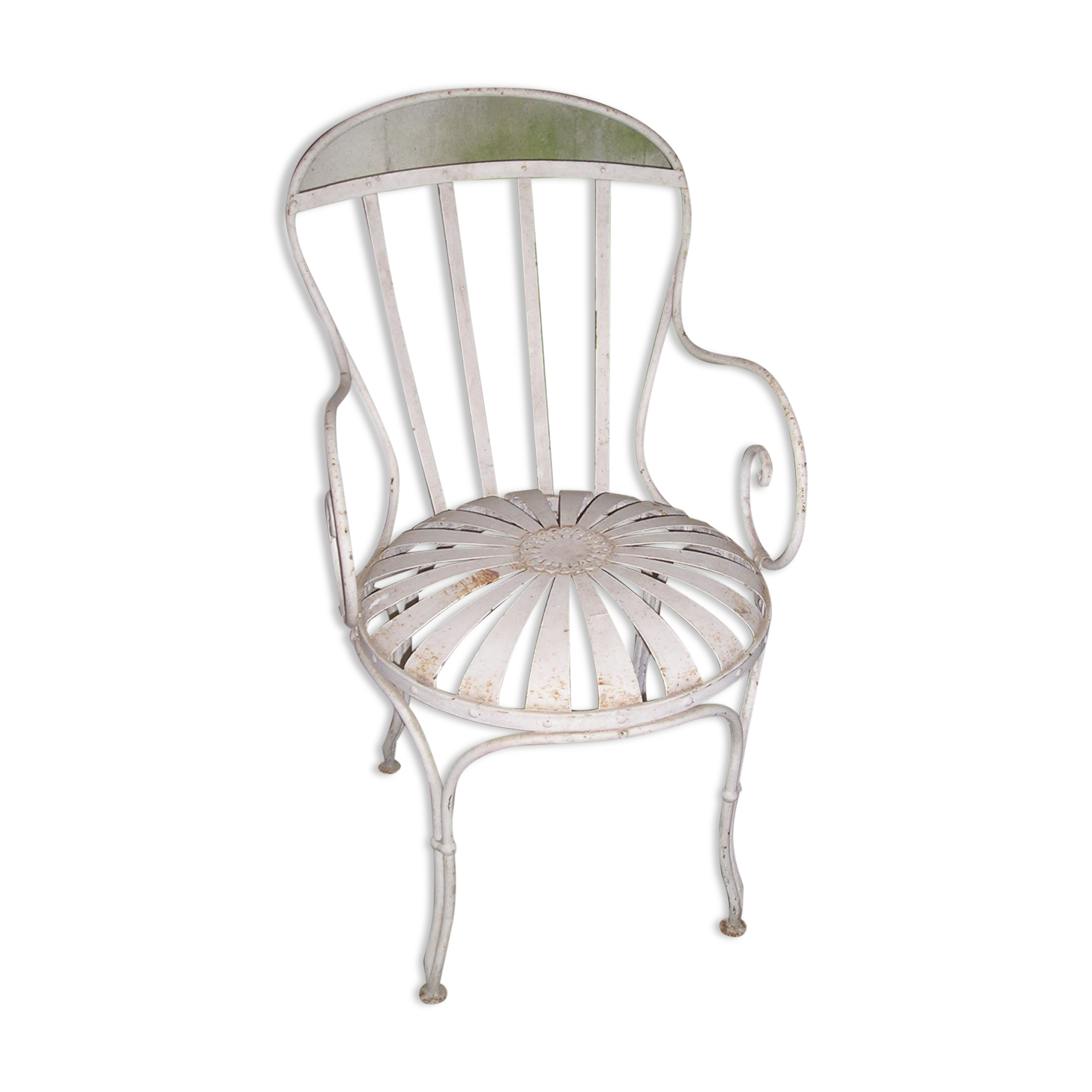Wrought iron garden armchair with riveted flexible blades early XXth