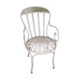 Garden armchair made of wrought iron with riveted flexible slats from the early 20th century.