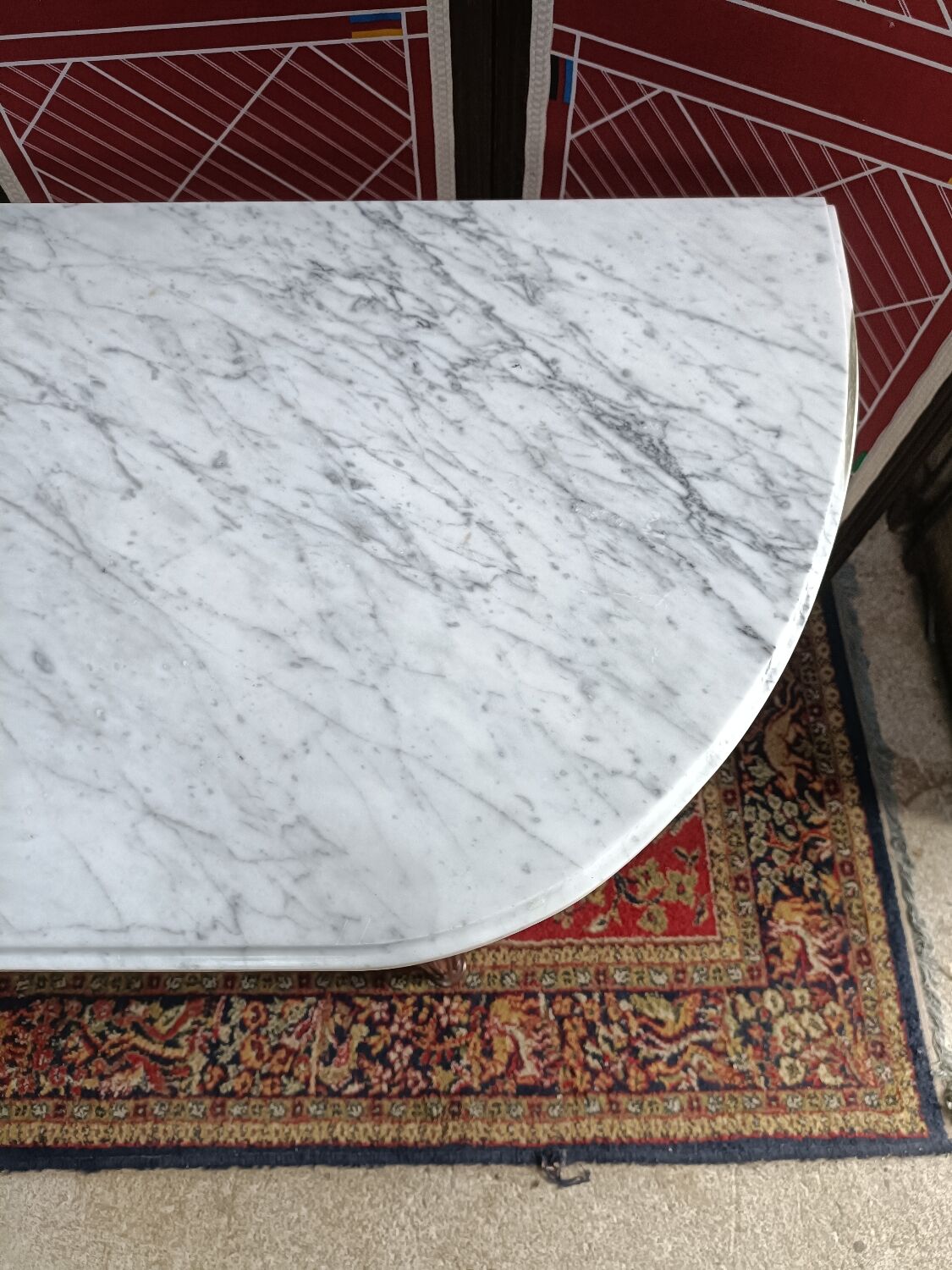 Louis XVI style half-moon console with veined white marble and drawer