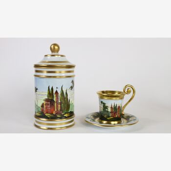Pot-et-gobelet à conteneurs, céramique Capodimonte, décorations en or peintes à la main