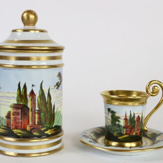 Container jar and cup, Capodimonte ceramics, hand-painted gold decorations