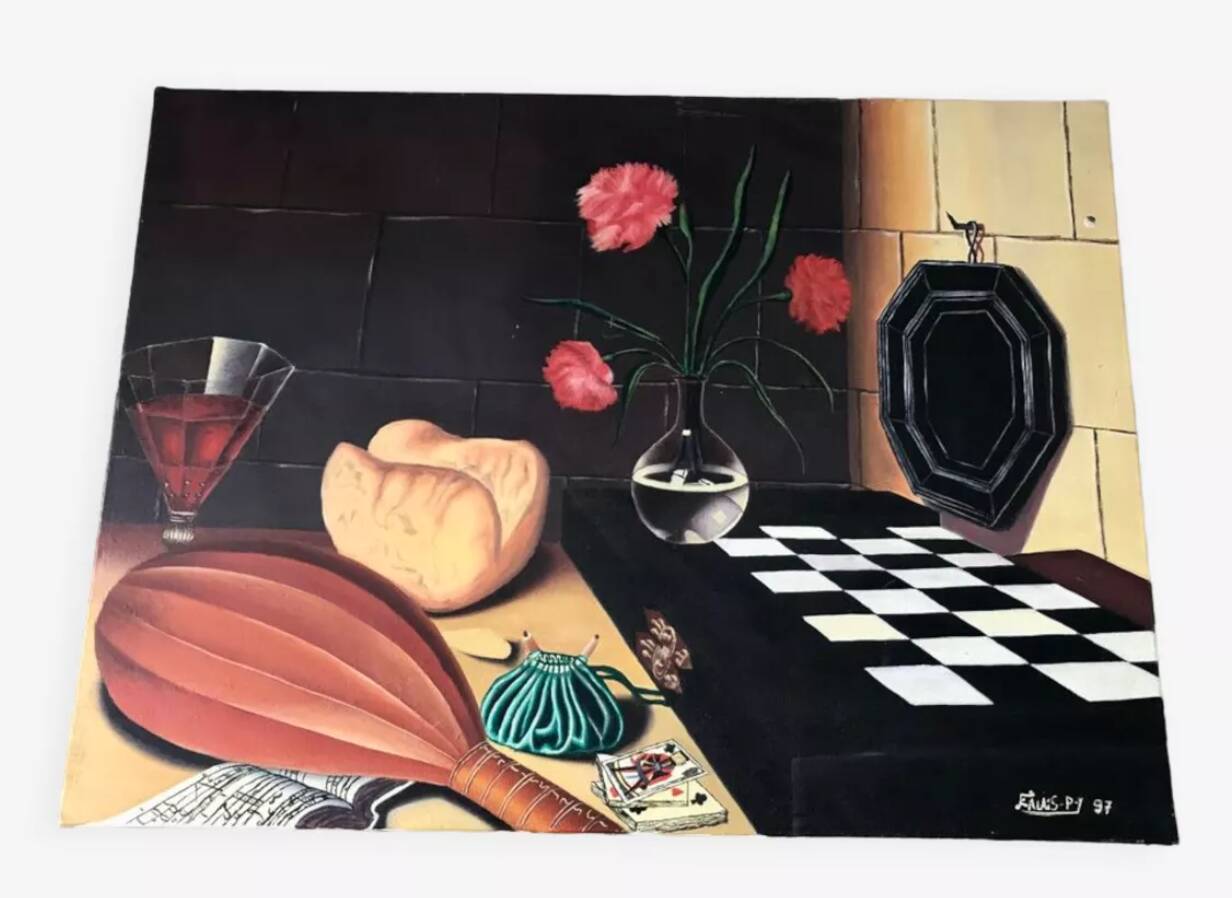 Oil painting on canvas still life with chessboard