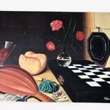 Oil painting on canvas still life with chessboard