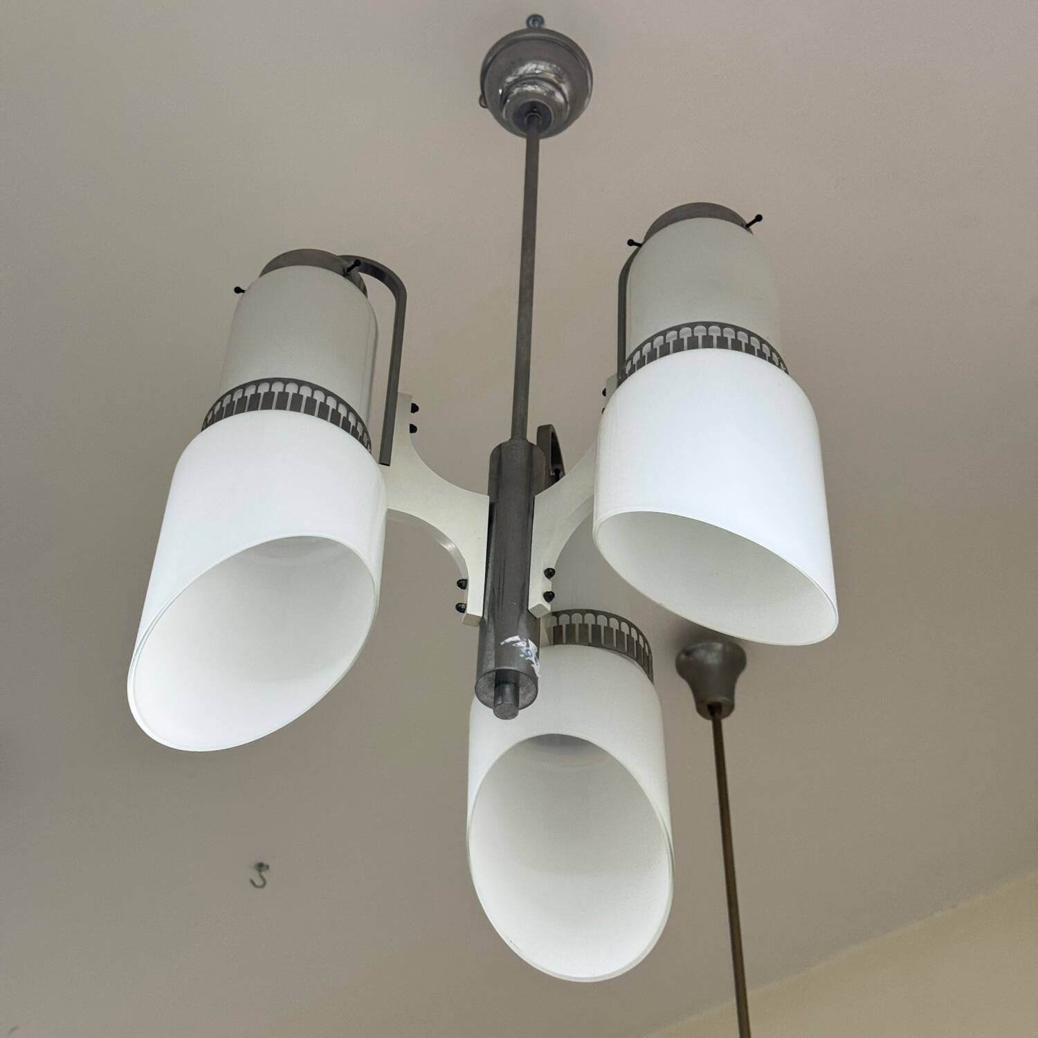 Lampadario Di Design Anni 70 3 Luci In Vetro E Acciaio Modernariato Vintage