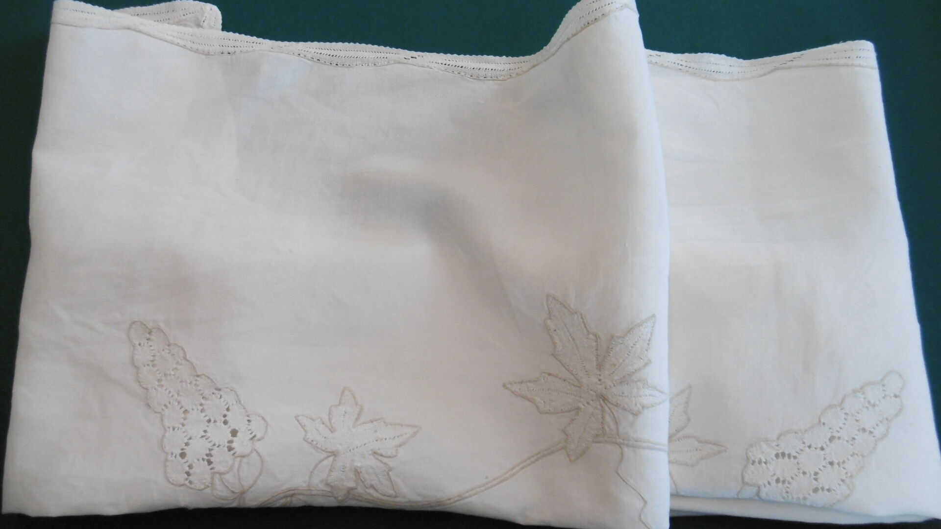 Hand-embroidered linen teacloth or overnappe
