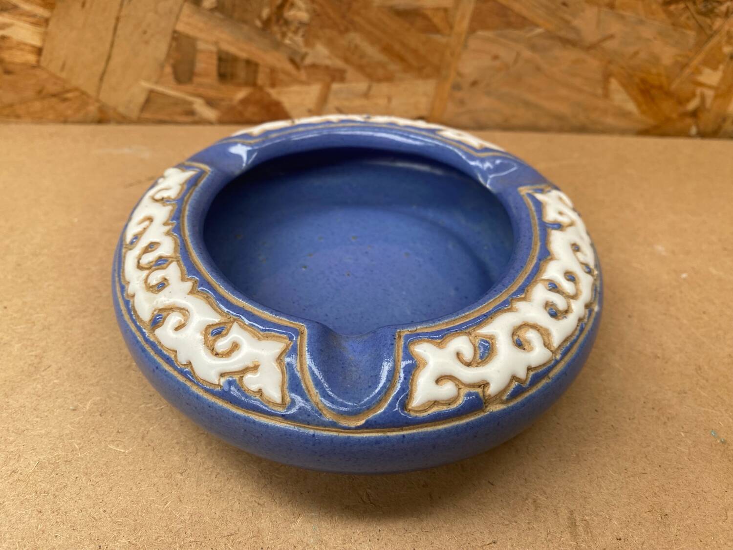 Antique Blue Glazed Ceramic Ashtray White Relief Decor Vintage