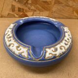 Antique Blue Glazed Ceramic Ashtray White Relief Decor Vintage