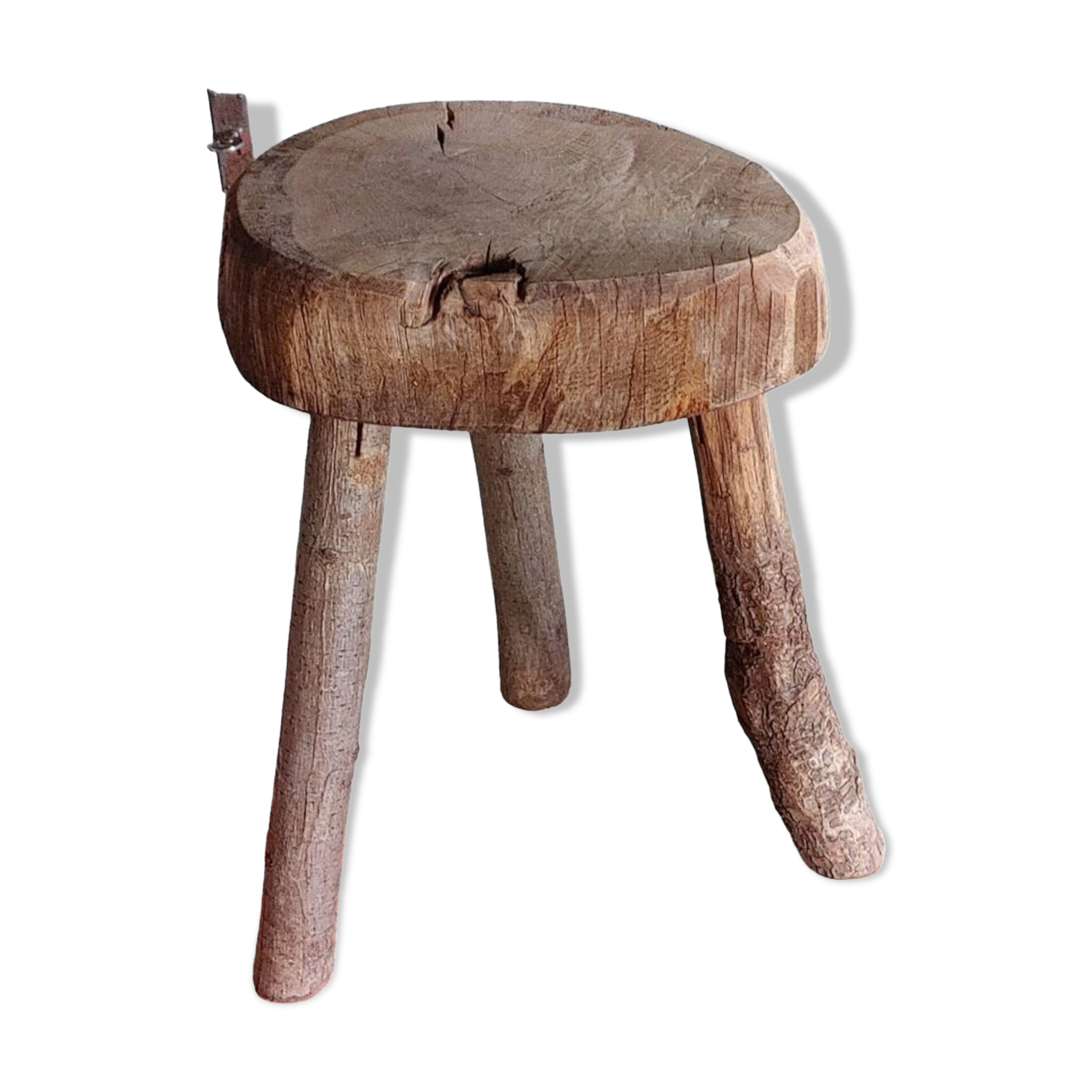 Old small country stool in raw wood - tripod base