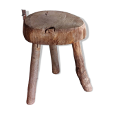 Ancien petit tabouret de campagne en bois brut -  piètement tripode