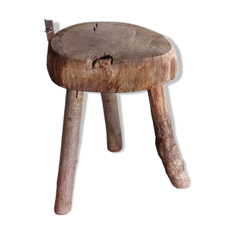Old small country stool in raw wood - tripod base