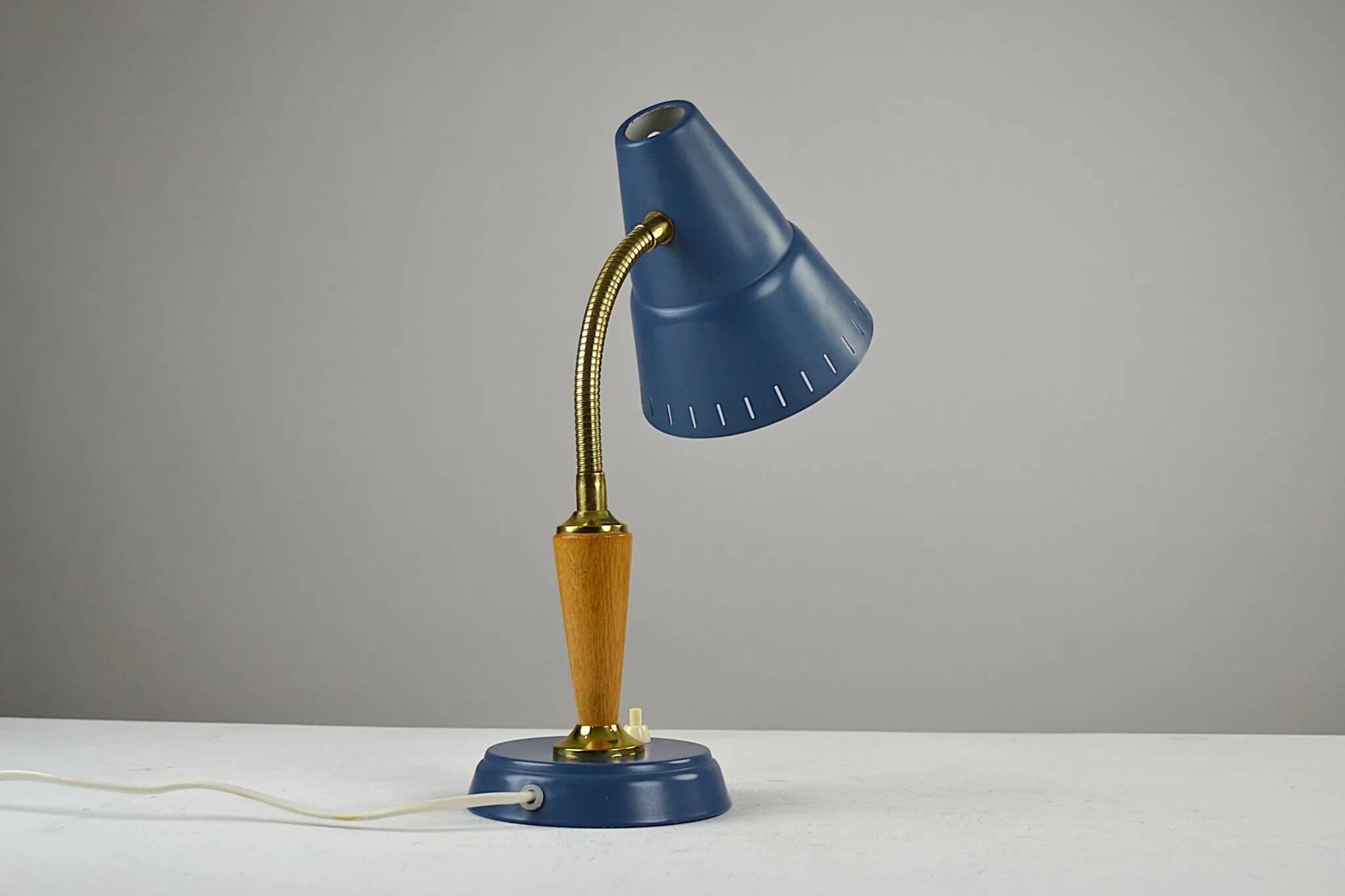 Blue Metal, Brass & Teak Table or Desk Lamp by Ringus, Sweden, 1950s