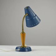 Blue Metal, Brass & Teak Table or Desk Lamp by Ringus, Sweden, 1950s