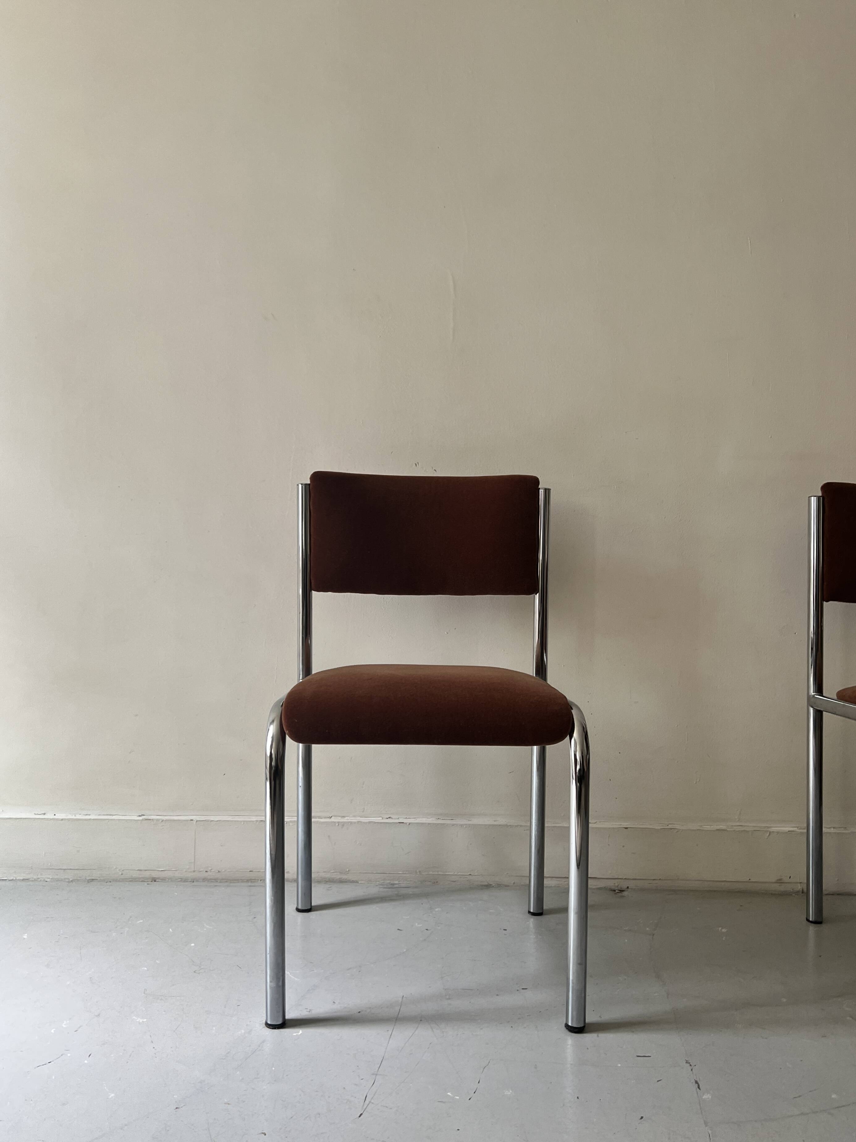Pair of chrome and chestnut brown velvet chairs, 1970s design