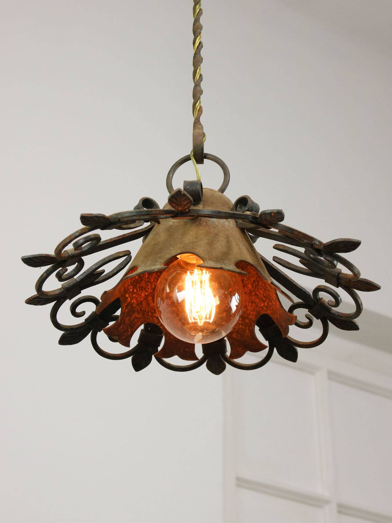 Vintage Wrought Iron Intricate Pendant Lamp, 1930s