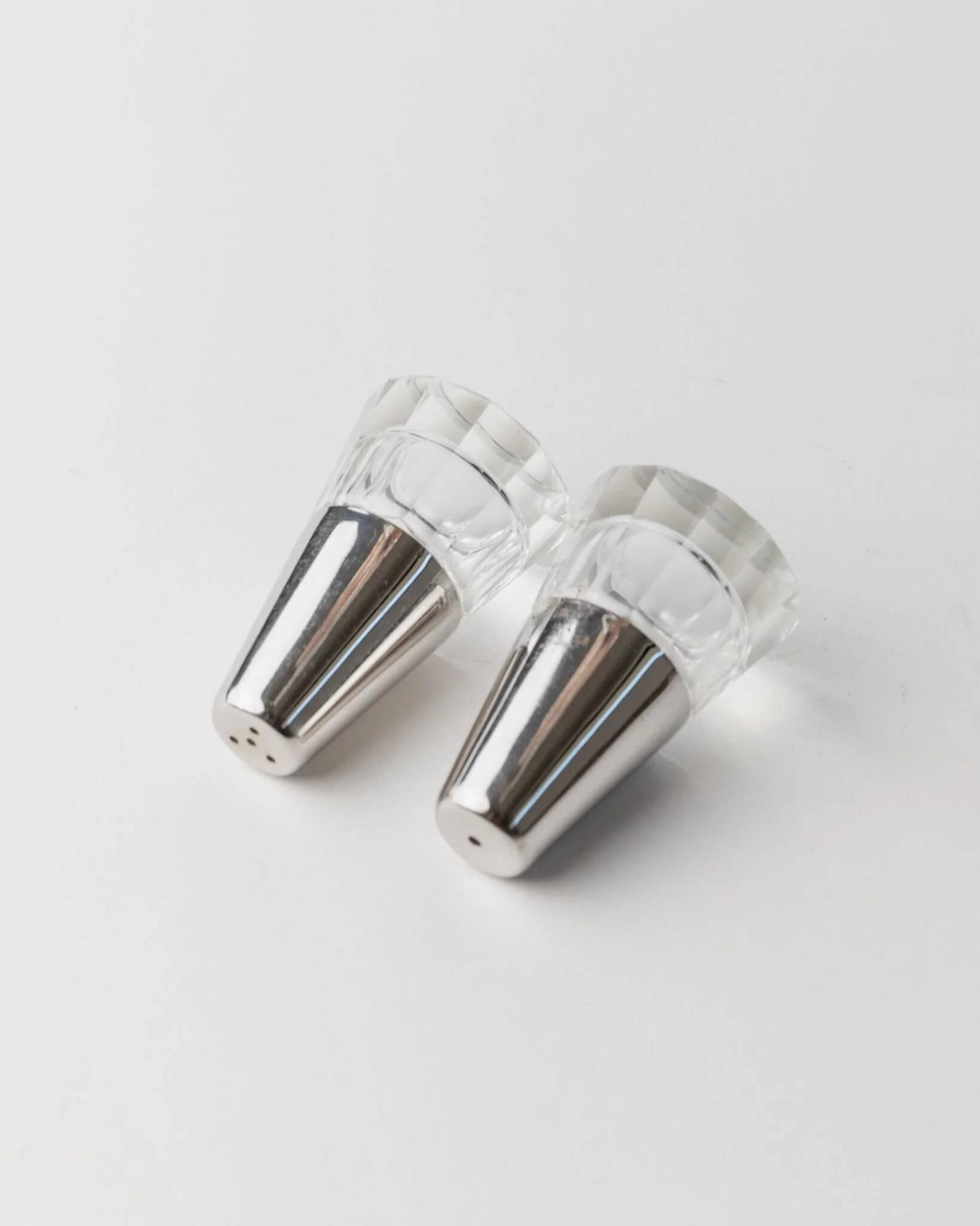 Vintage Argent Salt and Pepper Shakers with Clear Glass and Silver-Plated Caps, Conical Minimal Italian Design, 1950s