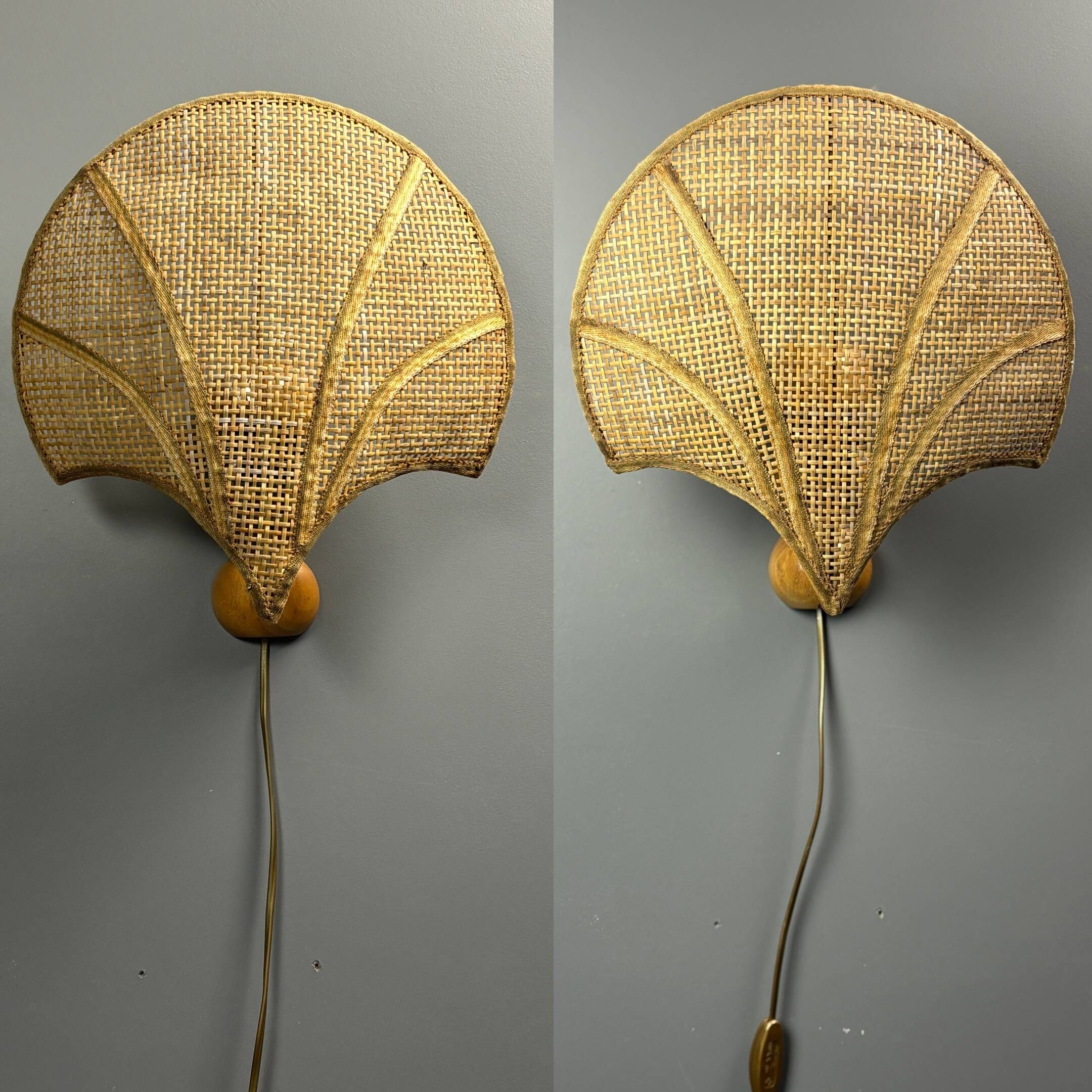 Pair midcentury Italian rattan wicker pine brass scallop wall sconces 1970s