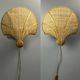 Pair midcentury Italian rattan wicker pine brass scallop wall sconces 1970s