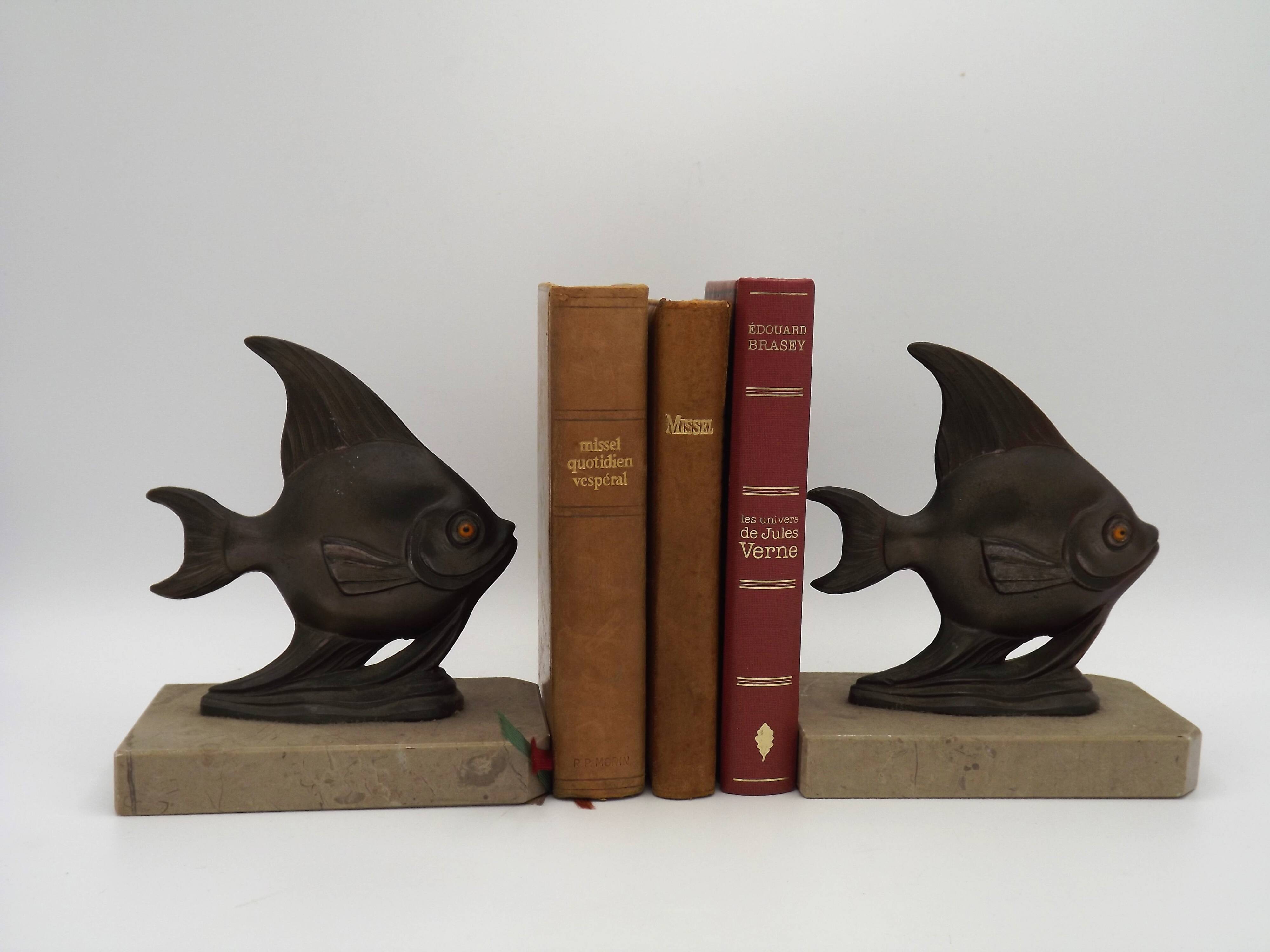 Vintage French Art Deco Fish Book Ends - Marble and Spelter Bookends