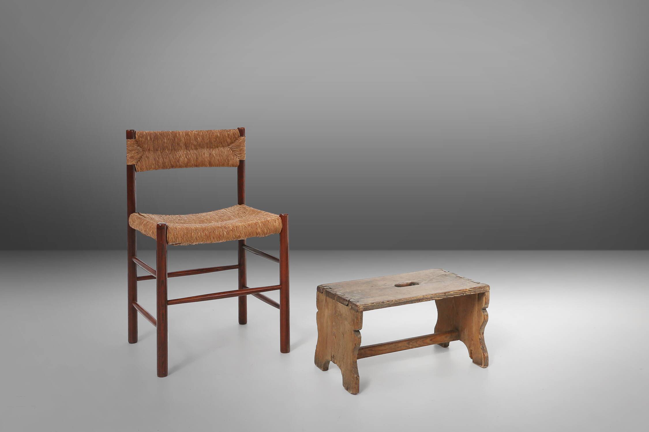 Rustic French wooden stool with beautiful patina, ca. 1900