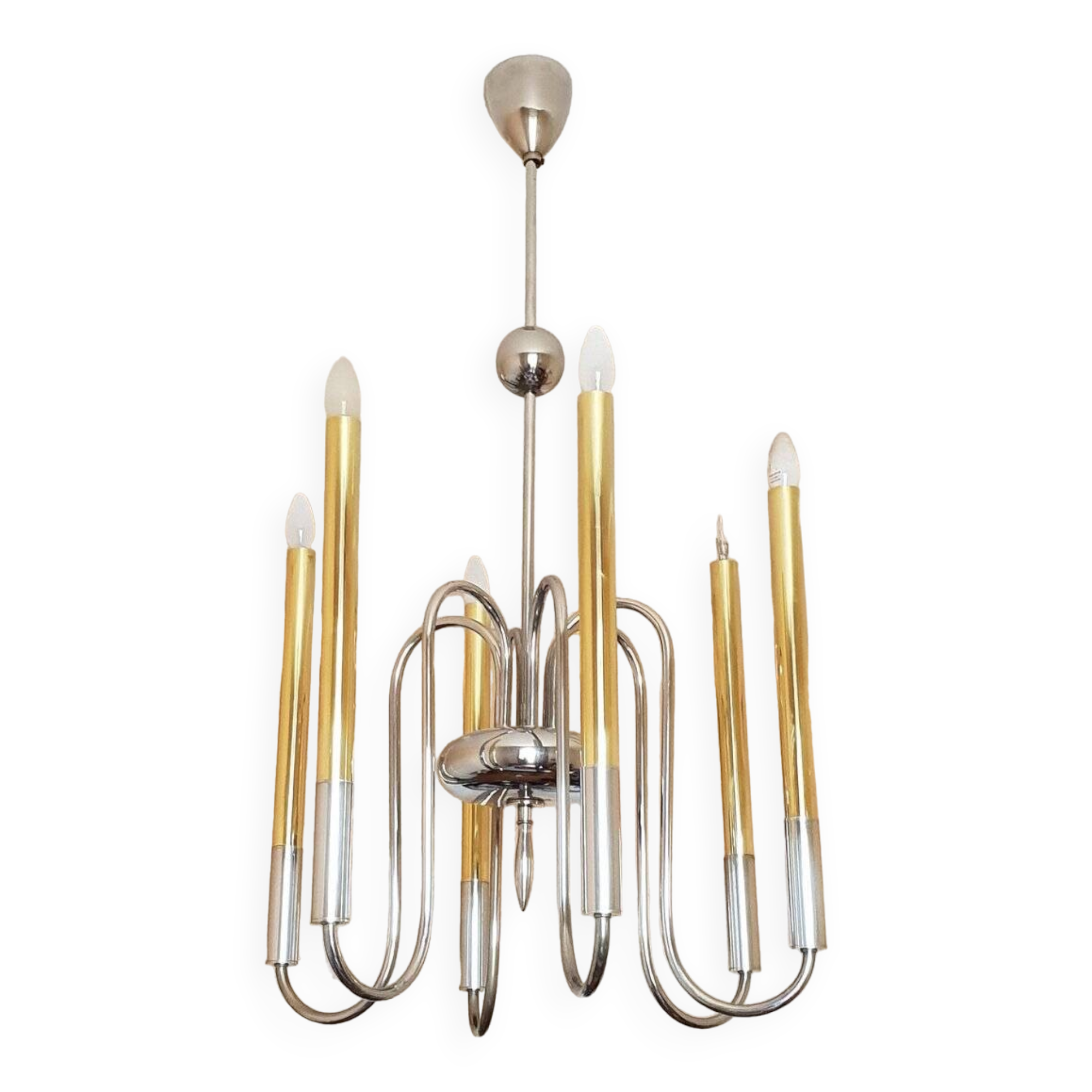 1950s chandelier in brass and chrome-plated brass with 6 lights