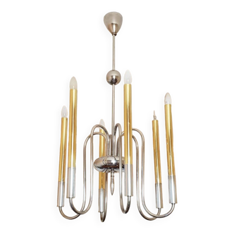 Lustre 1950s en laiton et laiton chromé à 6 lumières