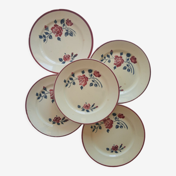 Set of 5 flat plates half porcelain Badonvillers pink vintage