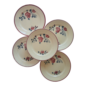 Set of 5 flat plates half porcelain Badonvillers pink vintage