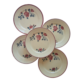 Ensemble de 5 assiettes plates demi porcelaine Badonvillers roses vintage
