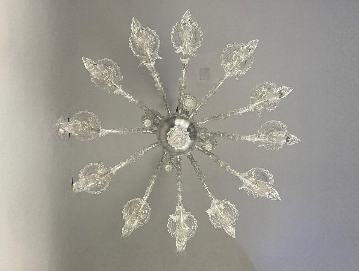Venetian chandelier in transparent murano glass, 12 arms of light
