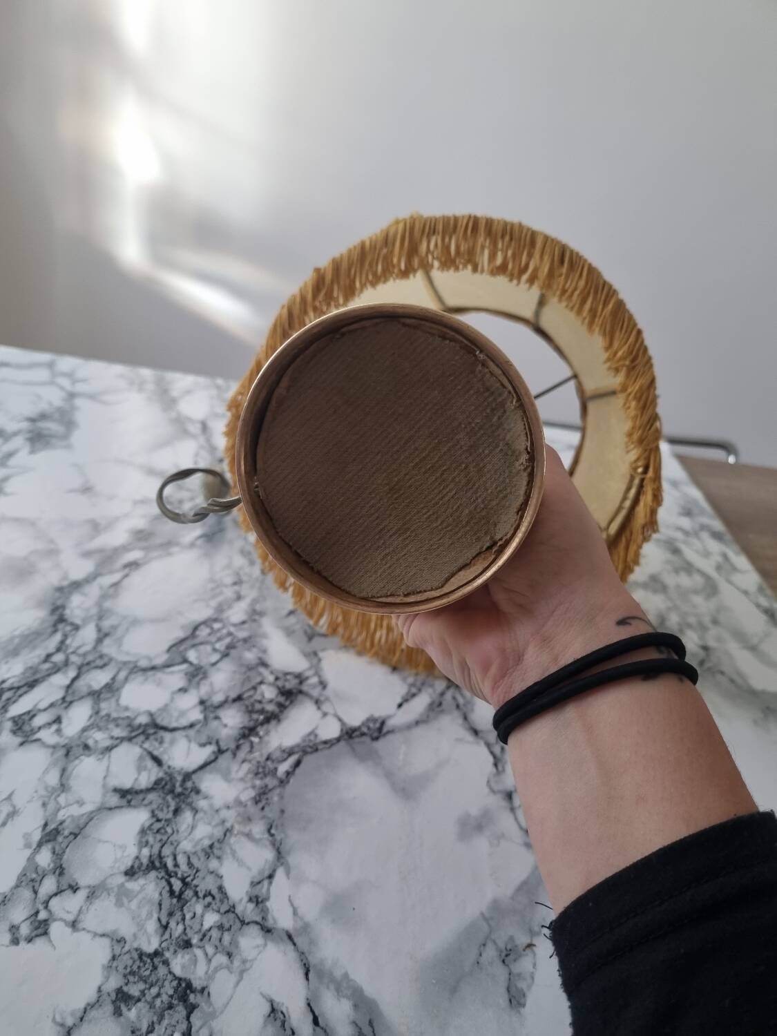 Brass lamp with vintage mother-of-pearl lampshade