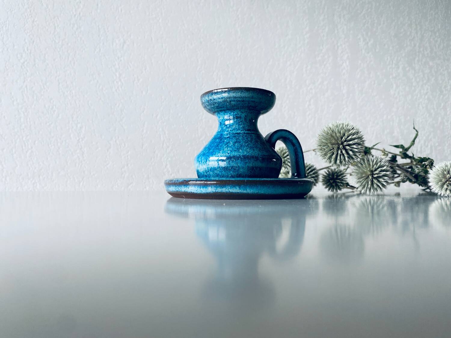 Candle holder in enamelled and signed stoneware