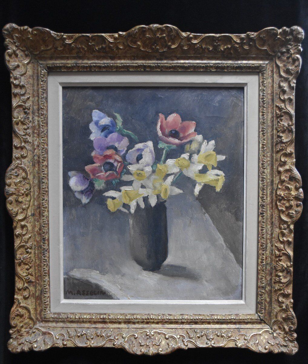 Anemones and Daffodils, Oil on Canvas Signed