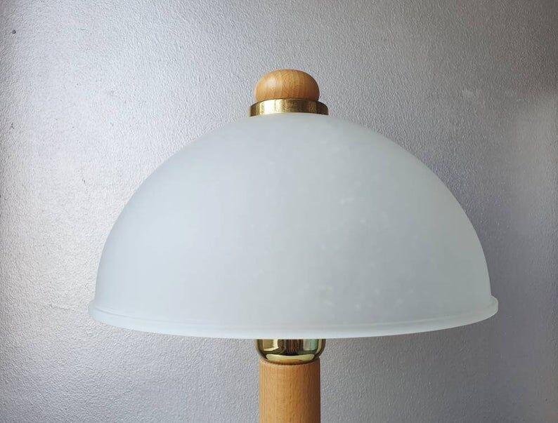 Vintage wooden table lamp with 1980 glass lampshade