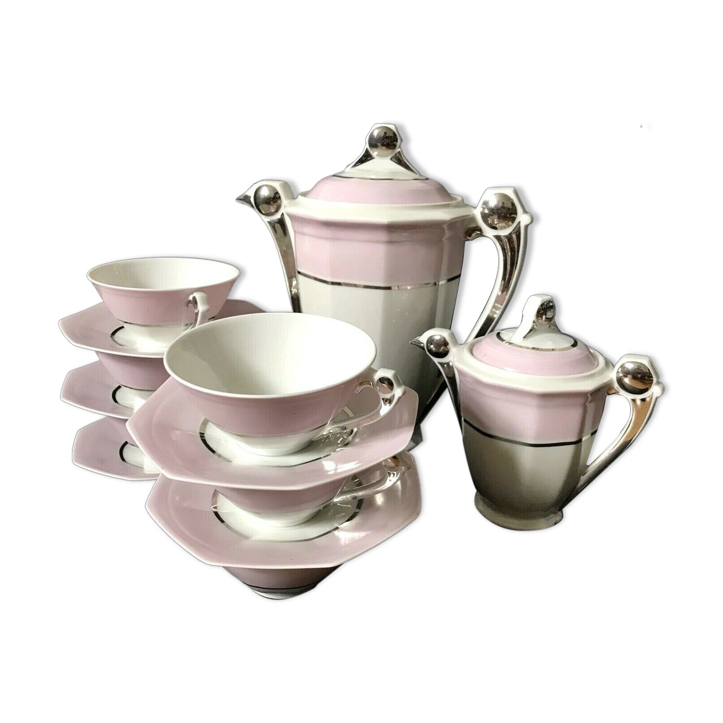 Limoges art deco coffee service signed 'uc' white and pink