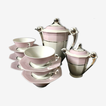 Limoges art deco coffee service signed 'uc' white and pink