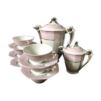 Limoges art deco coffee service signed 'uc' white and pink