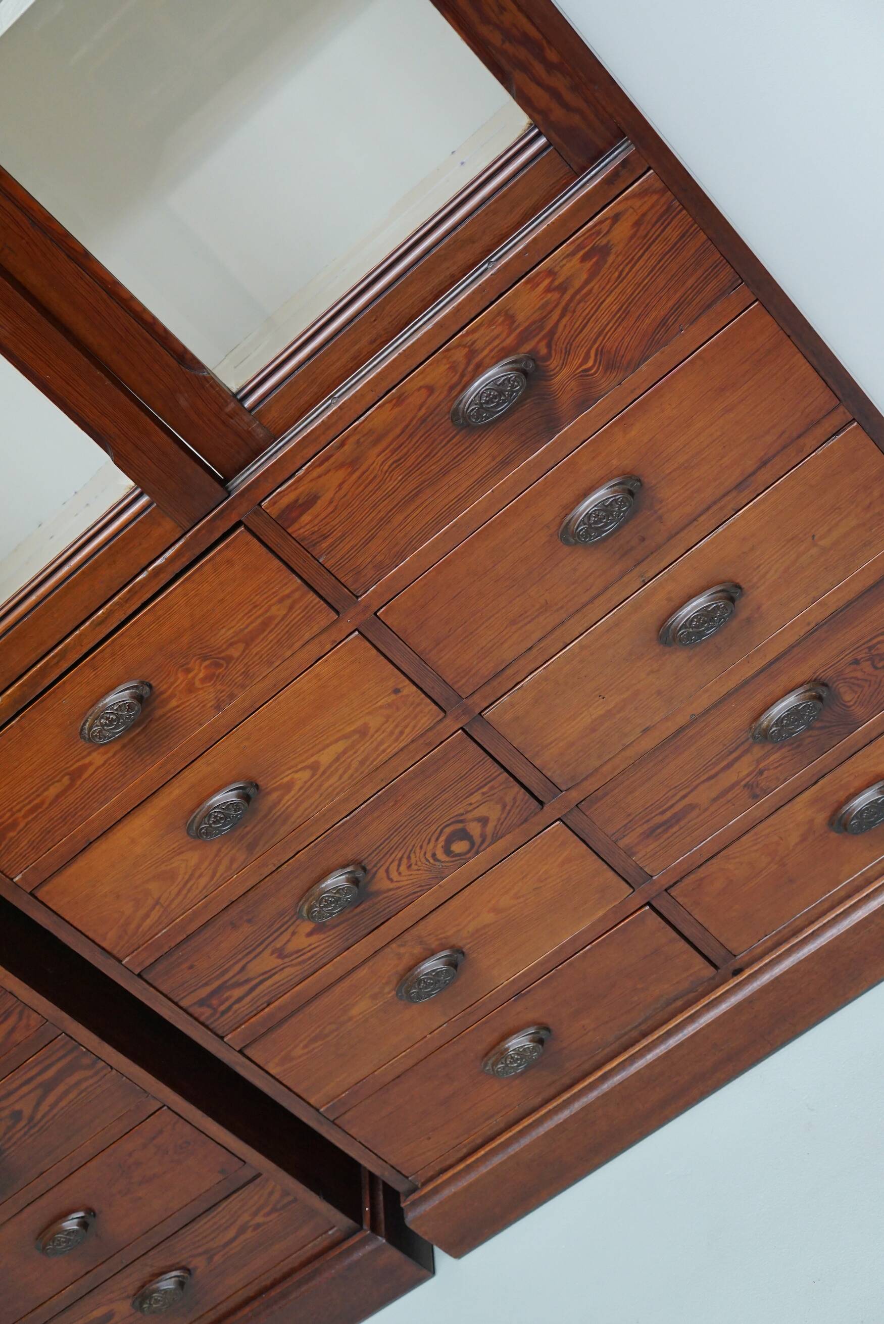 Large Antique Belgian Pitch Pine Apothecary Shop Cabinet / Vitrine, ca 1900