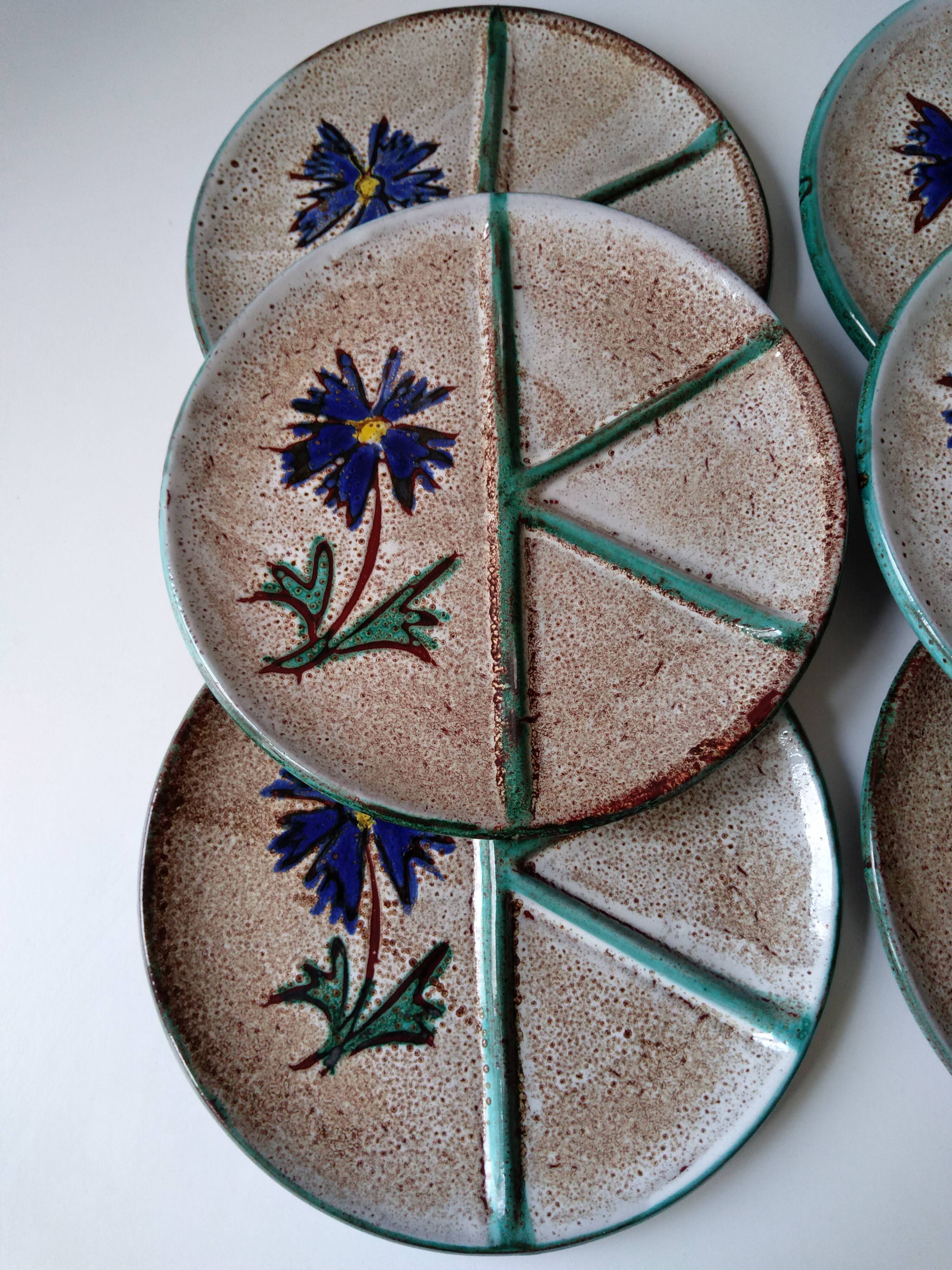 Set of 6 handmade Vallauris ceramic plates beige gray and turquoise blue with flower decoration