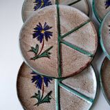 Set of 6 handmade Vallauris ceramic plates beige gray and turquoise blue with flower decoration