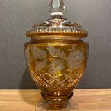 Very beautiful covered pot, crystal urn with cut and tinted decoration, bohemian twentieth