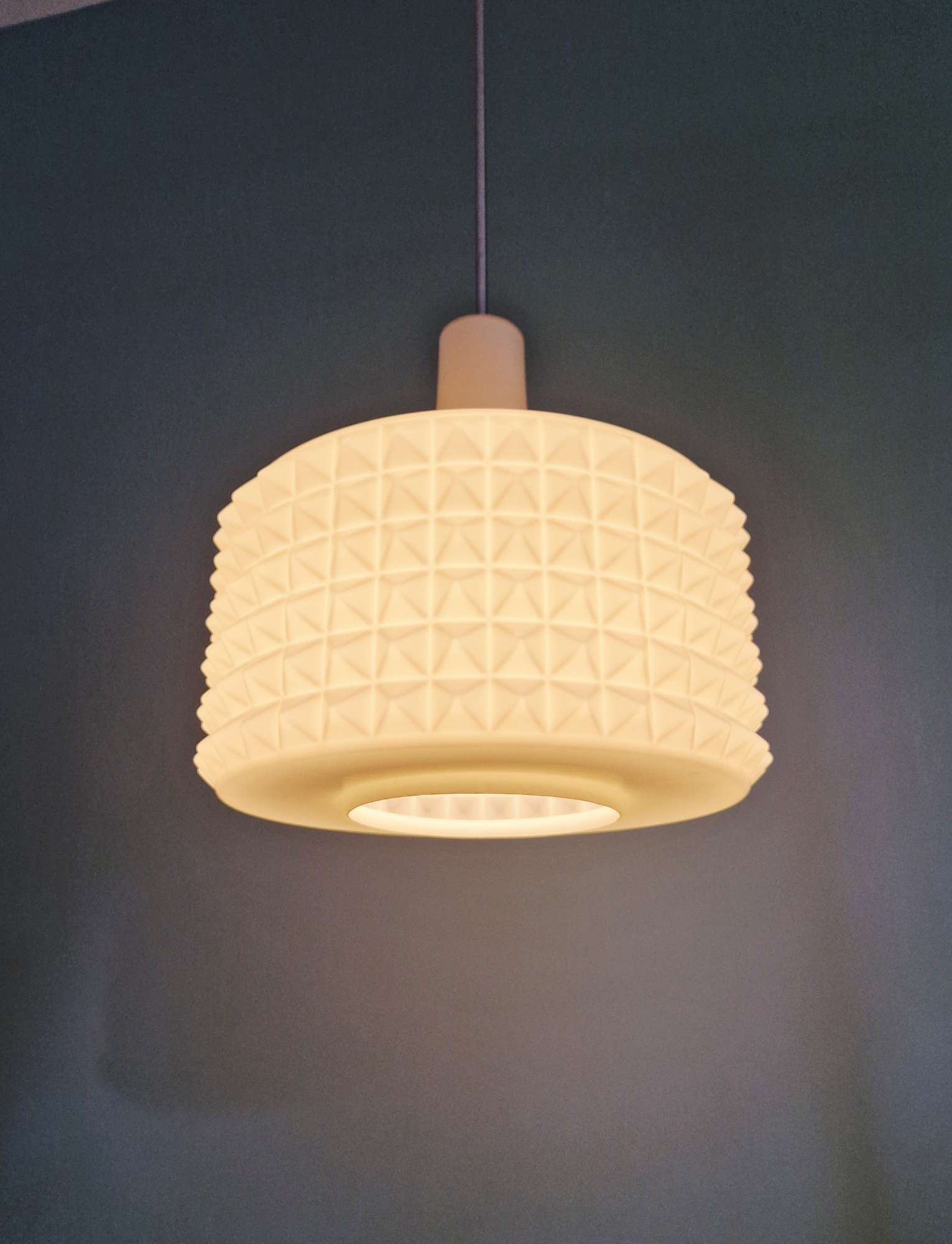 Large white opaline pendant light, design by Ivan Jakes, 1960s.