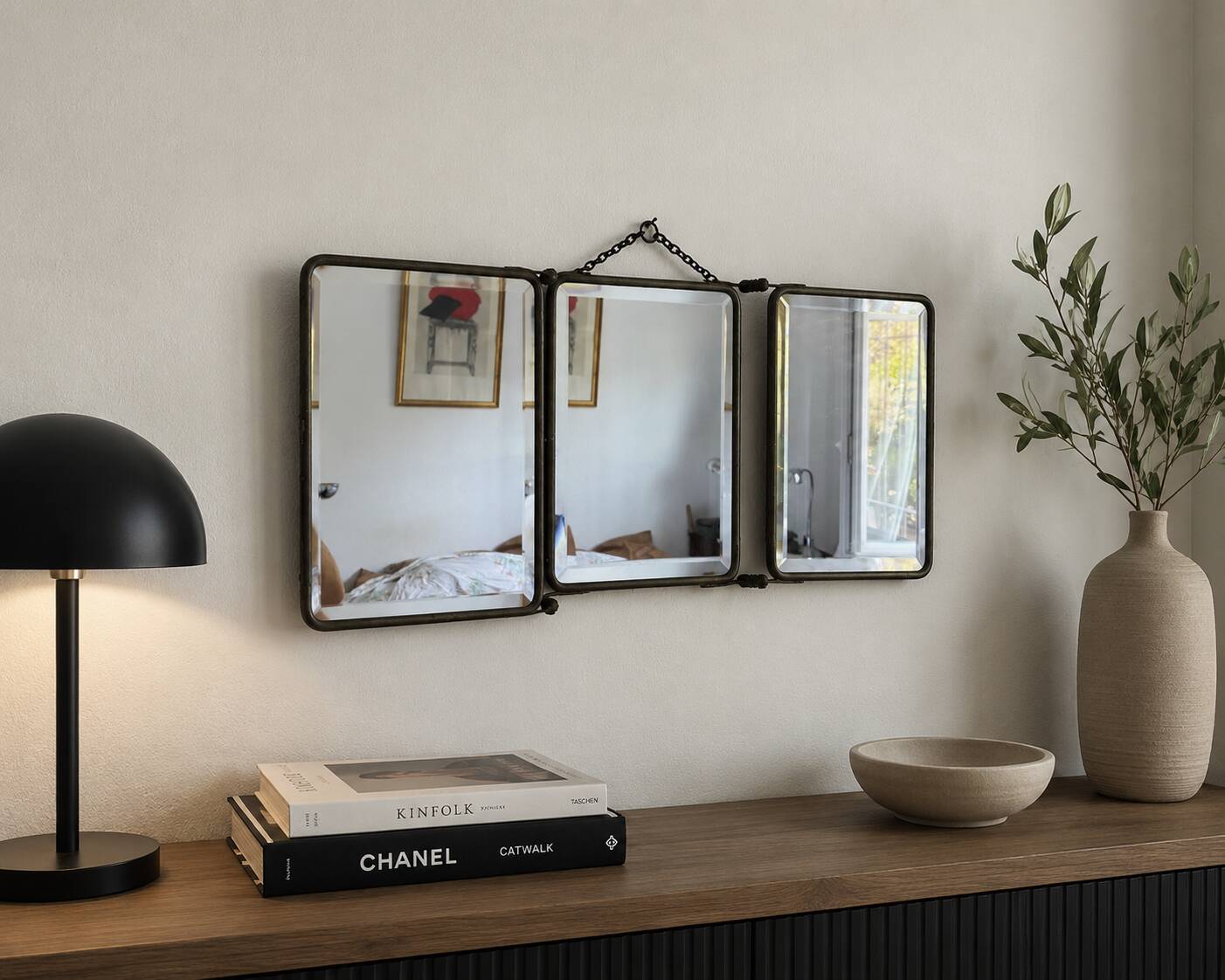 Vintage 1930s triptych barber mirror in ivory faux leather Art Deco - 27 x