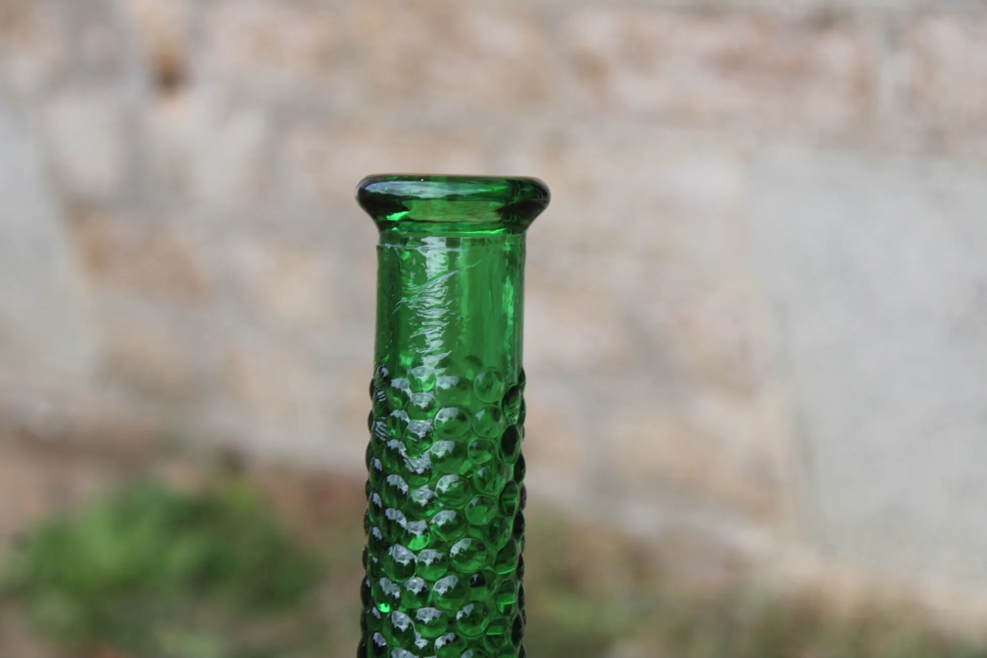 Large decorative vintage green glass carafe/bottle with relief – H57 cm