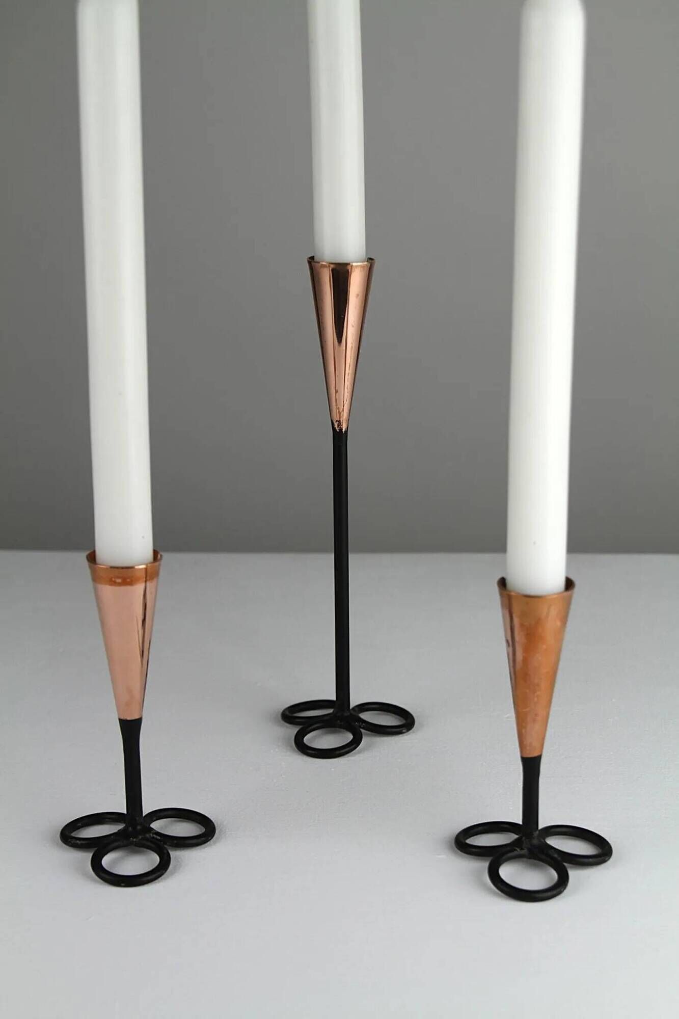 Trio of Black Iron & Copper Candlesticks — Gunnar Ander for Ystad-Metall, Sweden, 1960s