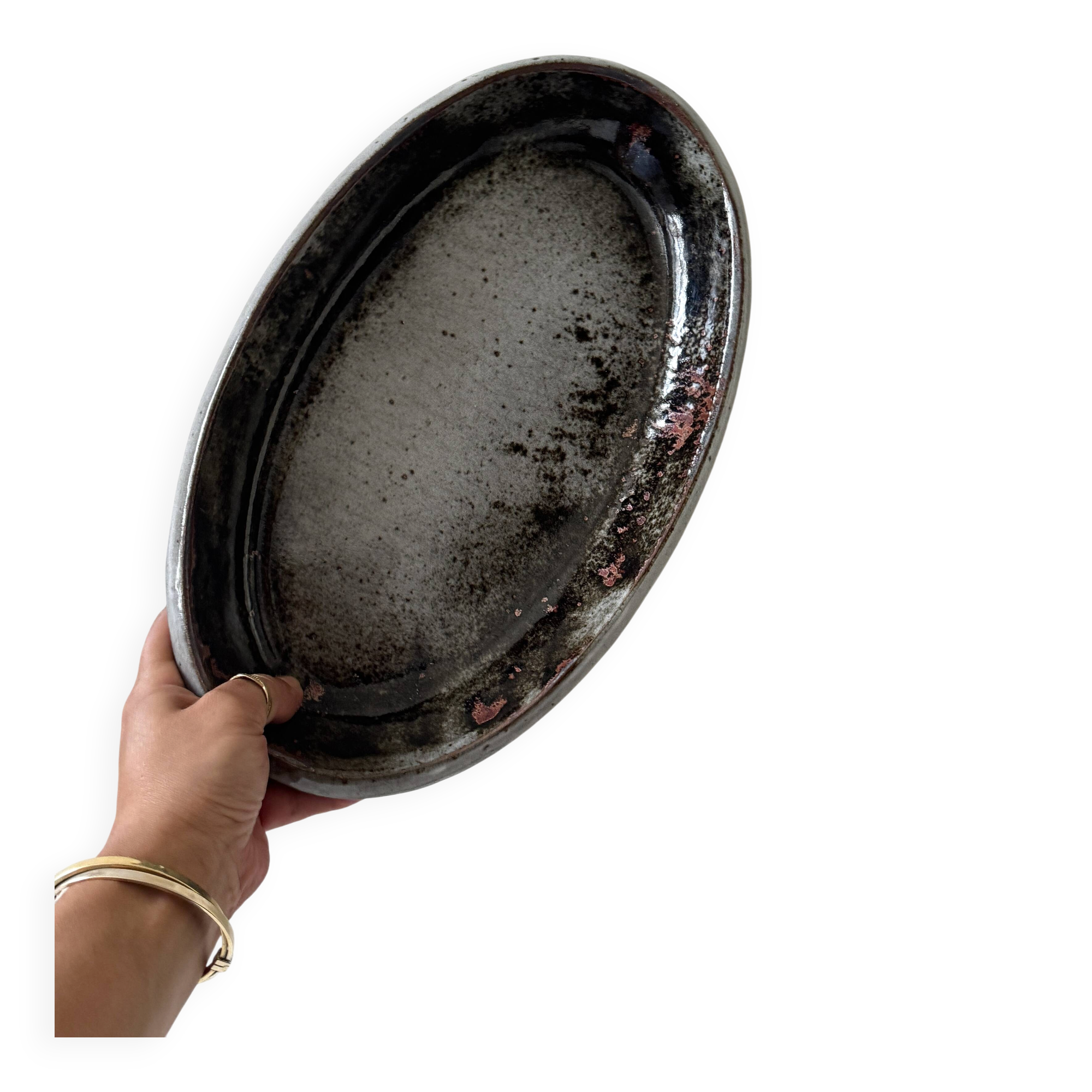 Large glazed stoneware dish from Loir, enamelled & signed, Chantal & Thierry Robert 1970.