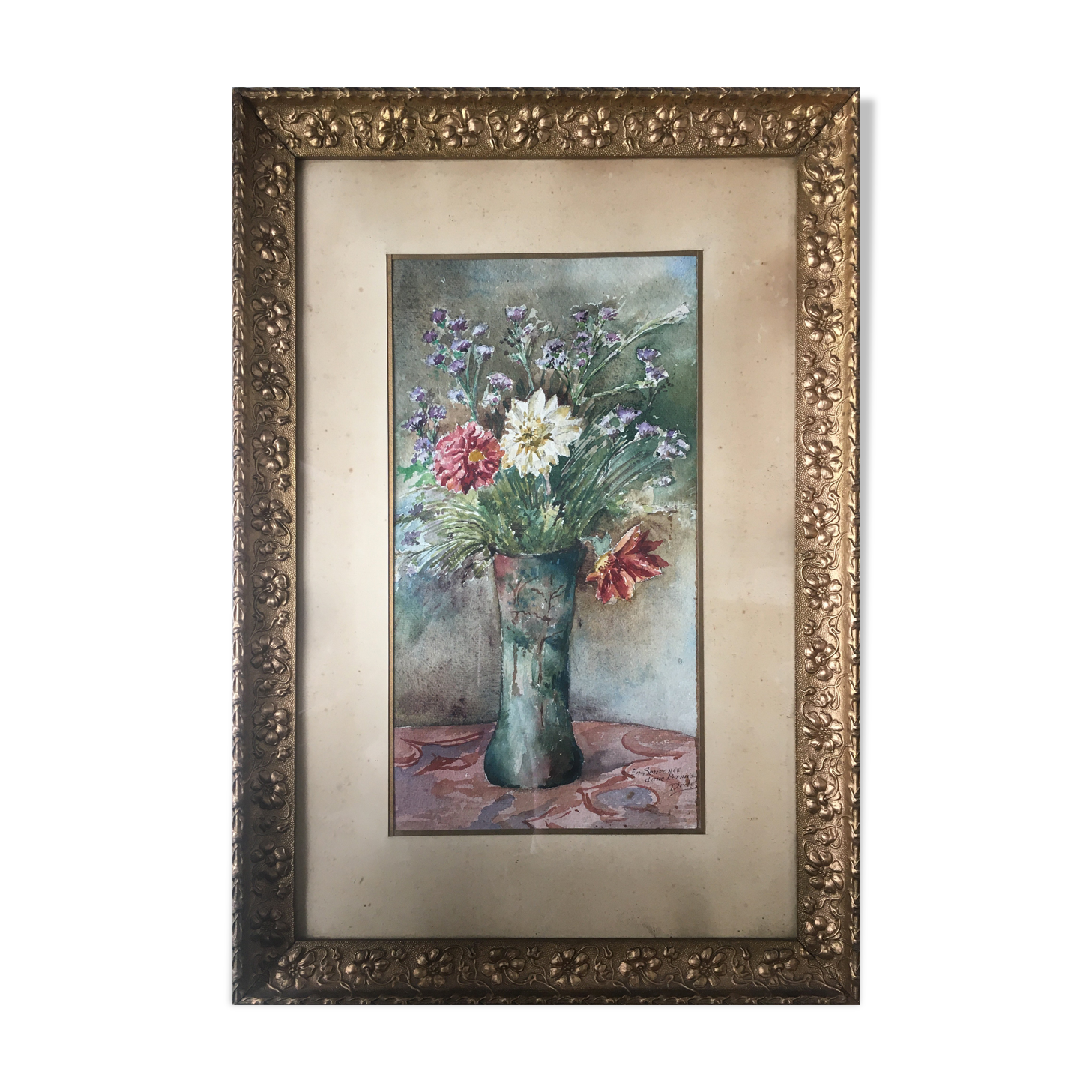 Tableau aquarelle "bouquet de fleurs champêtres" signé + cadre