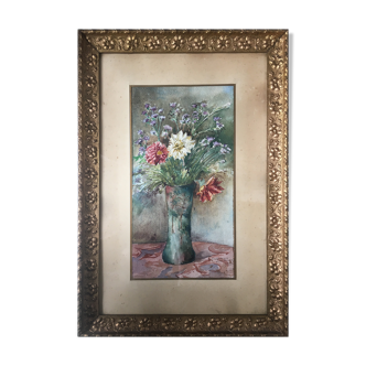 Painting Aquarelle "Bouquet of country flowers" signed - frame