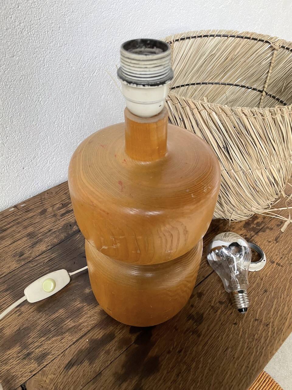 50s wood and straw lamp