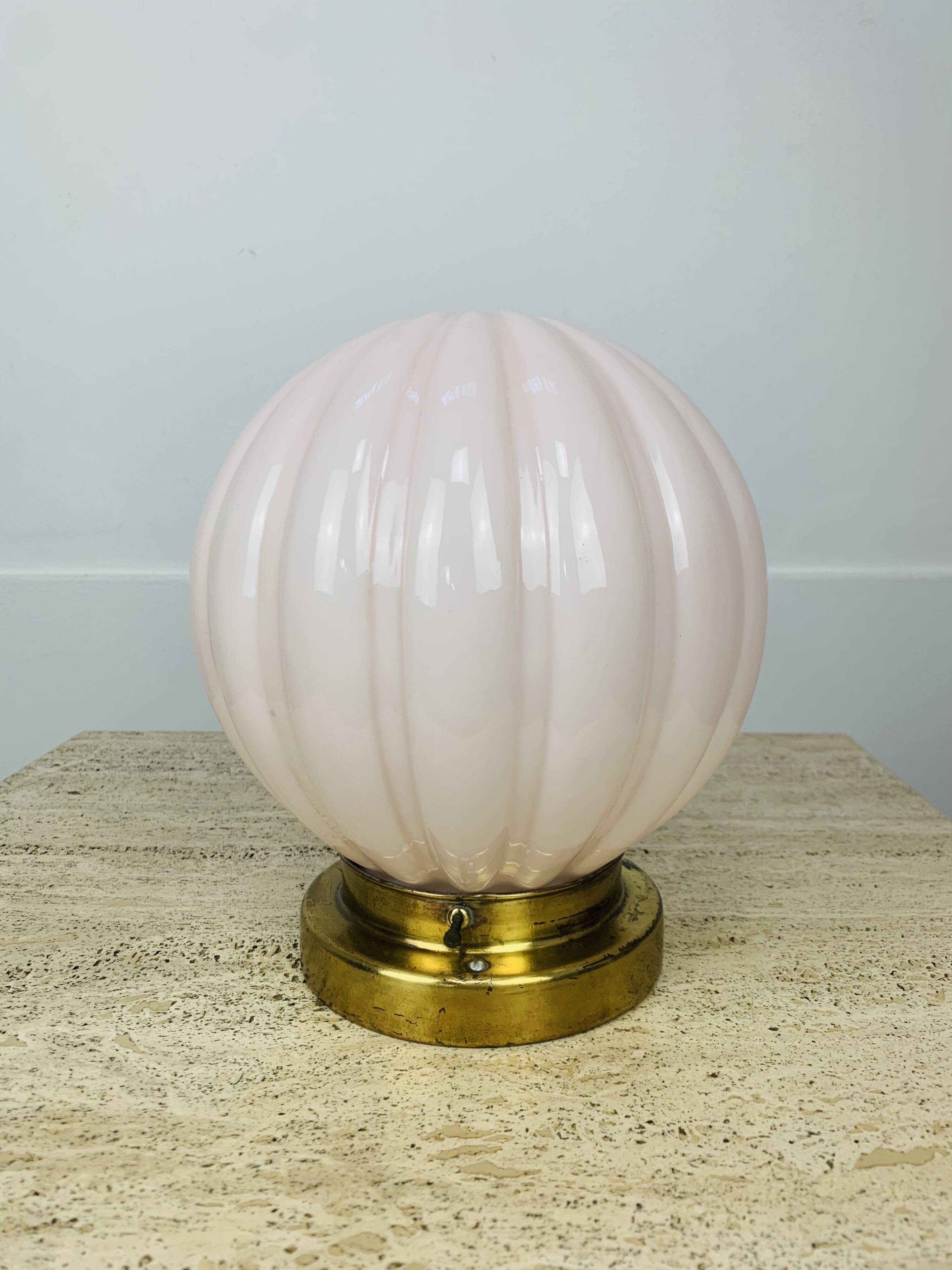 Pink art deco opaline globe wall light, gilded brass base, ceiling light